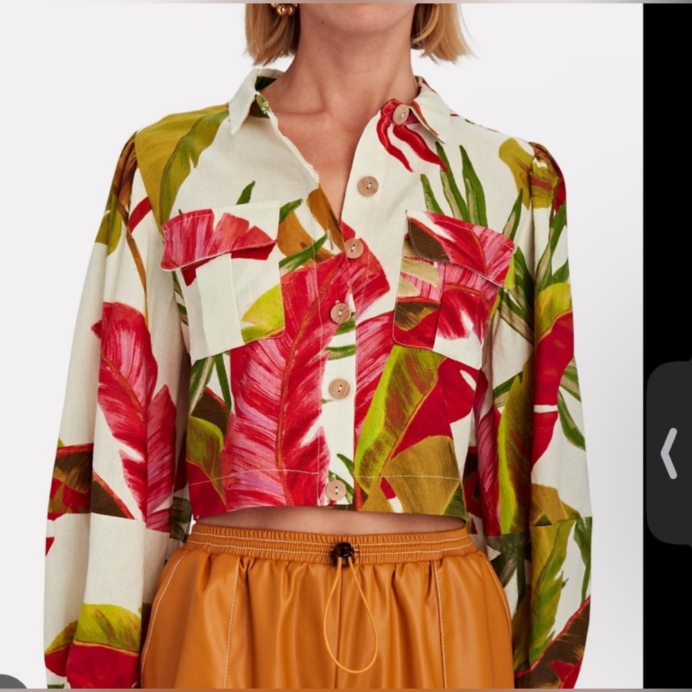 Farm Rio Forest Linen Blend Cropped Boxy Shirt Size Small - Picture 3 of 6